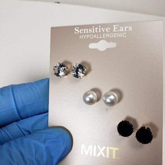 3-Pair Gold-Tone CZ Stud Earrings – Crystal, Faux Pearl, Black – Hypoallergenic - Picture 9 of 9